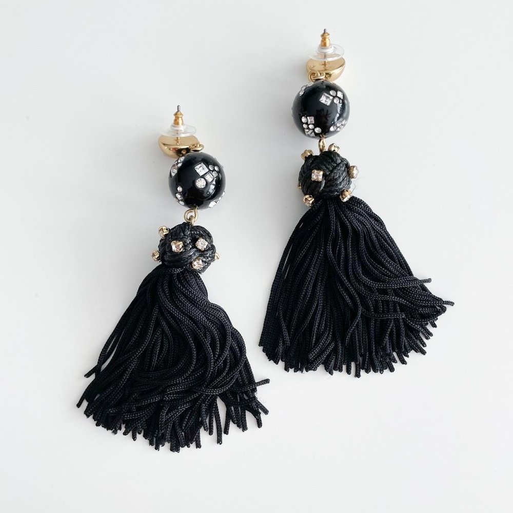J. Crew Crystal-Studded Bead and Tassel Earrings (Black)